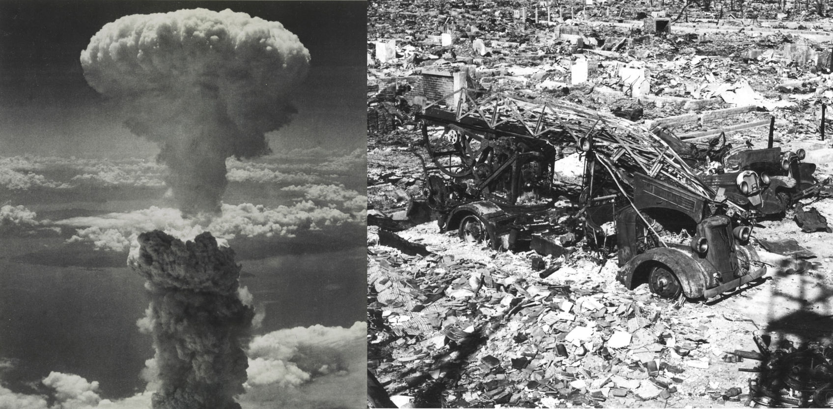 TVBS俄烏周年戰不停專題/二戰末期，投在長崎的「胖子原子彈」（Fat Man）爆炸時在上空產生巨大的蕈狀雲，城鎮被破壞成一片瓦礫堆。（圖／達志影像路透社）